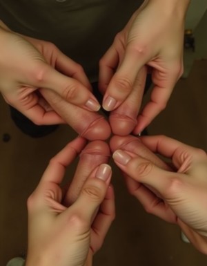 4;penes en primer plano de cuatro penes erectos formando una cruz y eyaculando unos sobre otros