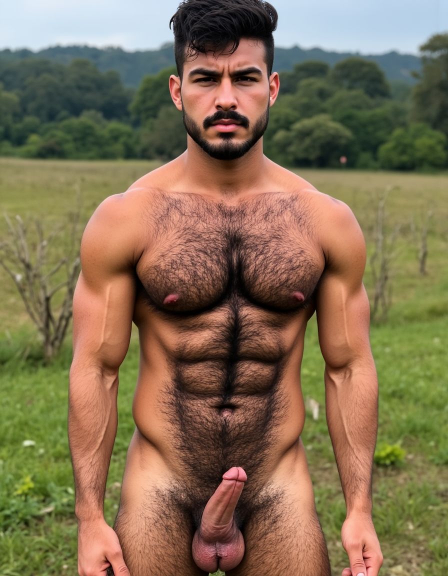PEDRO es un hombre muy macho, delgado pero con músculos muy marcados y definidos, está de pie. Tiene su polla erecta. PEDRO tiene una polla de treinta y cinco centímetros de longitud. Pedro tiene rasgos mediterráneos, que se presenta de cuerpo entero desde la coronilla de la cabeza hasta las plantas callosas de los pies desnudos, destacando su polla erecta de treinta y cinco centímetros de longitud. Su cara geométrica masculina brutal, con pómulos altos, mandíbula cuadrada y barbilla prominente, muestra una estructura ósea típica de un hombre mediterráneo. Sus ojos oscuros, de color marrón profundo, están ligeramente hundidos bajo un arco supraciliar marcado, lo que le da una imagen de depredador peligroso. El bigote denso y espeso de pelo negro azabache cubre todo el labio superior, y su pelo negro intenso y rizado cae en ondas gruesas y desordenadas hacia los lados y hacia atrás.

PEDRO tiene un pecho expansivo con clavículas marcadas y separadas, y una selva de vello que cubre desde la parte superior de los pectorales hasta el abdomen sin interrupción. Sus pectorales son carnosos y están cortados con definición extrema, y la parte inferior de cada pectoral crea una sombra curva sobre las costillas. Los pezones son oscuros, de color marrón rojizo, y están ligeramente orientados hacia abajo y hacia los lados.

PEDRO también tiene abdominales six-pack muy marcados, con un abdomen plano y firme, y una musculatura subyacente visible pero cubierta por la capa de vello que baja desde el pecho sin interrupción. Sus brazos musculosos están marcados y definidos, con deltoides redondos y prominentes, y bíceps y tríceps bien desarrollados. Las manos de PEDRO son de trabajador, con dedos y nudillos prominentes, y uñas cortas y cuadradas.

Las piernas de PEDRO son voluminosas y densas, con cuádriceps y muslos marcados y definidos, y una capa generosa de vello negro rizado que cubre la piel morena. Los pies de PEDRO son proporcionados a la estructura de su cuerpo, con uñas cortas y algo amarillentas, y pelo oscuro en el empeine y en los dedos.

La polla de PEDRO es de treinta y cinco centímetros de longitud, con un diámetro de ocho centímetros, y está dura y curvada hacia arriba. El prepucio cubre parcialmente el glande, que es de cabeza roma y rojiza, y el meato uretral es una ranura vertical que gotea por excitación sexual. Los huevos de PEDRO cuelgan mucho, con un escroto oscuro y arrugado, cubierto por vello rizado y disperso, y son perfectamente simétricos, con un diámetro de cinco centímetros cada uno.

La imagen de PEDRO se presenta en un fondo natural, con un paisaje sereno y tranquilo, y se muestra en ultra alta definición 8K, lo que permite apreciar todos los detalles de su cuerpo.