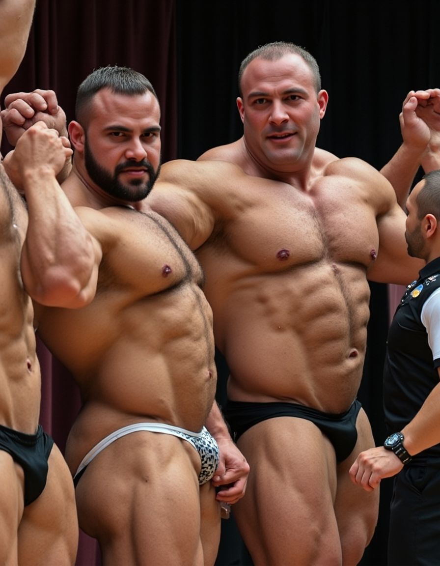 Primer plano realista fotográfico de cuatro culturistas muy musculosos en una exhibición, tienen sus cuerpos tensados mostrando mus musculaturas en diferentes posiciones, todos van desnudos con solo pequeños tangas de colores plateados y dorados mostrando grandes bultos en los pequeños tangas. Un árbitro levanta la mano del ganador. 