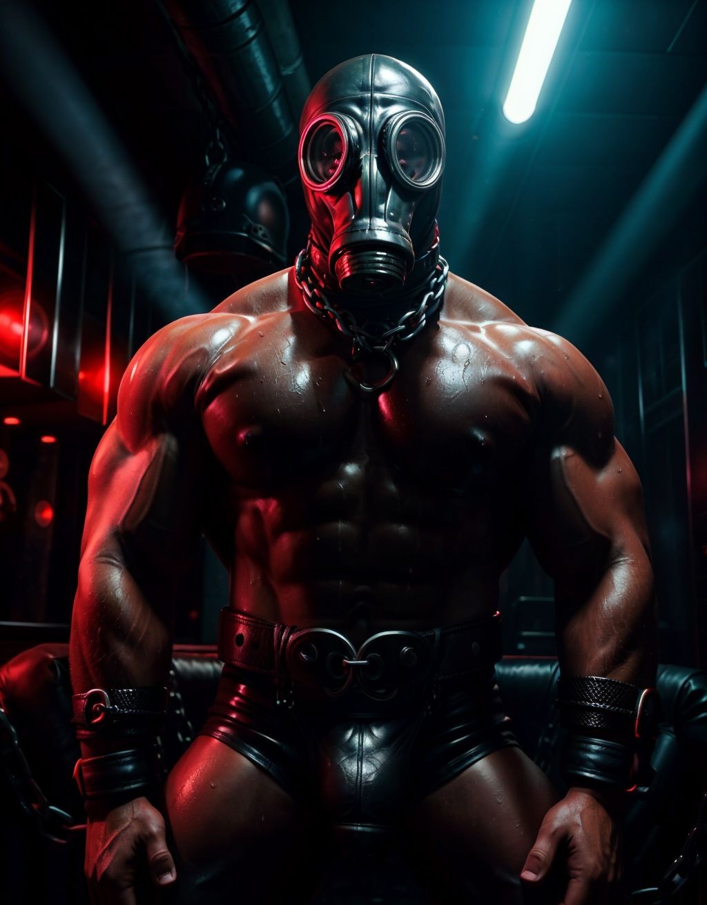 Hombre musculoso con máscara de gas, cuero negro, en un cuarto oscuro de una discoteca gay BDSM, bondage y cadenas, ambiente intenso y sensual, luces rojas y oscuridad, sudor y ropa interior ajustada.
