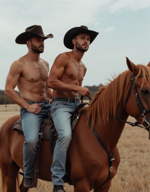 Dos vaqueros sin camiseta montan juntos un caballo castaño en un paisaje rural de hierba seca, con un estilo western marcado por los sombreros de ala ancha, los vaqueros azules ajustados, cinturones con hebilla y botas. Ambos tienen barba recortada y aspecto atlético, con el torso desnudo y musculado visible mientras se sientan sobre una silla de montar de cuero. El jinete delantero sostiene las riendas y mira hacia el horizonte con expresión seria, mientras el segundo va sentado detrás con una postura relajada. El caballo lleva brida negra y crin rojiza, destacando sobre el campo abierto y el cielo claro, creando una escena de rancho, equitación y estética cowboy masculina.