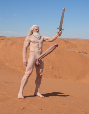 Enrique es un hombre muy delgado de 50 años, tiene cabello largo con canas blancas, tiene barba blanca abundante y larga. Está totalmente desnudo, en sus manos lleva una espada de oro alzada hacia el cielo. Tiene un cuerpo muy delgado con músculos marcados y definidos. 💪🏼. Tiene un pene erecto de 36,8 cm de longitud y 7,9 cm de diámetro. Tiene mucho vello corporal blanco que cubre su pecho brazos y piernas. Está en la arena del desierto entre grandes dunas de arena color terracota. Tiene la piel bronceada por el Sol.