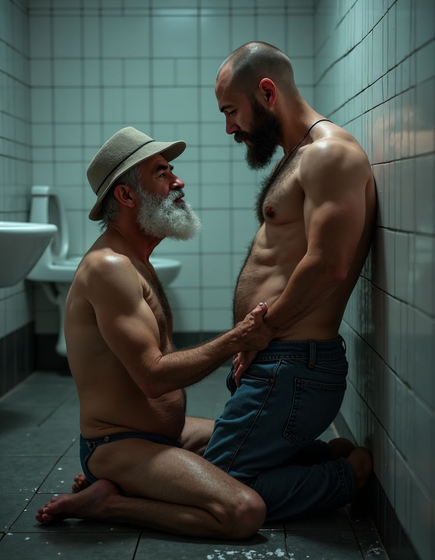Un hombre de 60 años, con cabello gris y barba blanca, está delgado y tiene músculos definidos, desnudo con un sombrero de fieltro, se encuentra en un baño público muy limpio de azulejos blancos y suelos de baldosas grises. El ambiente es oscuro. El hombre mayor se arrodilla en el suelo, con las manos apoyadas en las rodillas de un hombre más joven elegante y musculoso y peludo, de unos 30 años y 190 cm de altura, con el cabello oscuro y la barba rasurada, que se encuentra de pie frente a él. El hombre más joven lleva unos pantalones vaqueros desabrochados, mostrando su polla erecta y peluda, tiene pene de 16 cm de longitud y 8 cm de diámetro. El hombre mayor tiene la boca abierta y está a punto de recibir la polla del hombre más joven, con la intención de mamársela. La escena es hiperrealista, con detalles de alta calidad y una iluminación que resalta las texturas y los contornos de los cuerpos. La atmósfera es tensa y llena de deseo. Tienen penes de 16 cm de longitud y 8 cm de diámetro. Eyaculación abundante sobre la cara de hombre mayor y mucho semen líquido espeso blanco en el pecho peludo y en el suelo