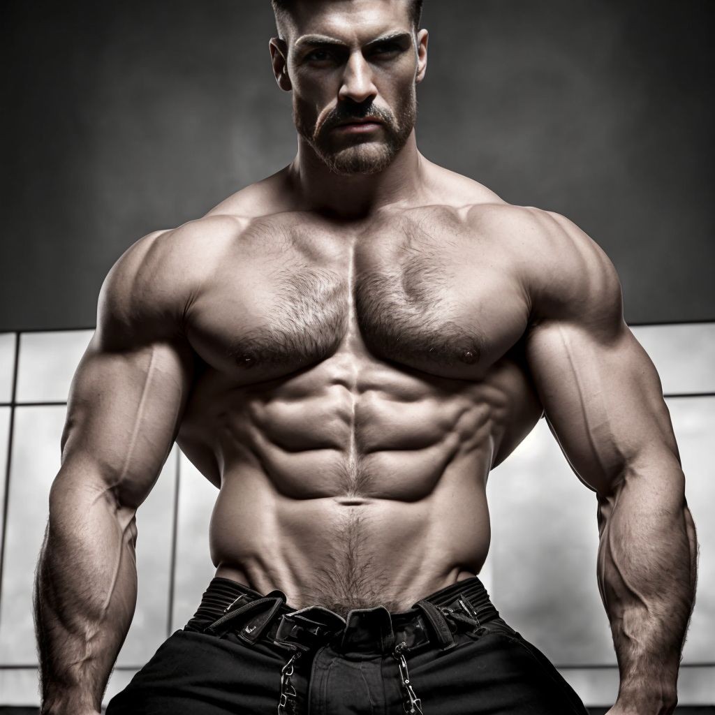 Muscular shirtless man posing front-facing with a serious and intense expression, very defined torso, pronounced pectorals, prominent abs, and bulky arms with visible veins, conveying a bodybuilding and strength-training aesthetic. He wears low black pants with a belt or dark straps, while the dramatic lighting highlights the texture of the skin, chest hair, and the shadows of the musculature. The dark gray background with light panels creates a gym or photography studio atmosphere, reinforcing a powerful, athletic, and dominant image centered on the trained physique and muscular definition.