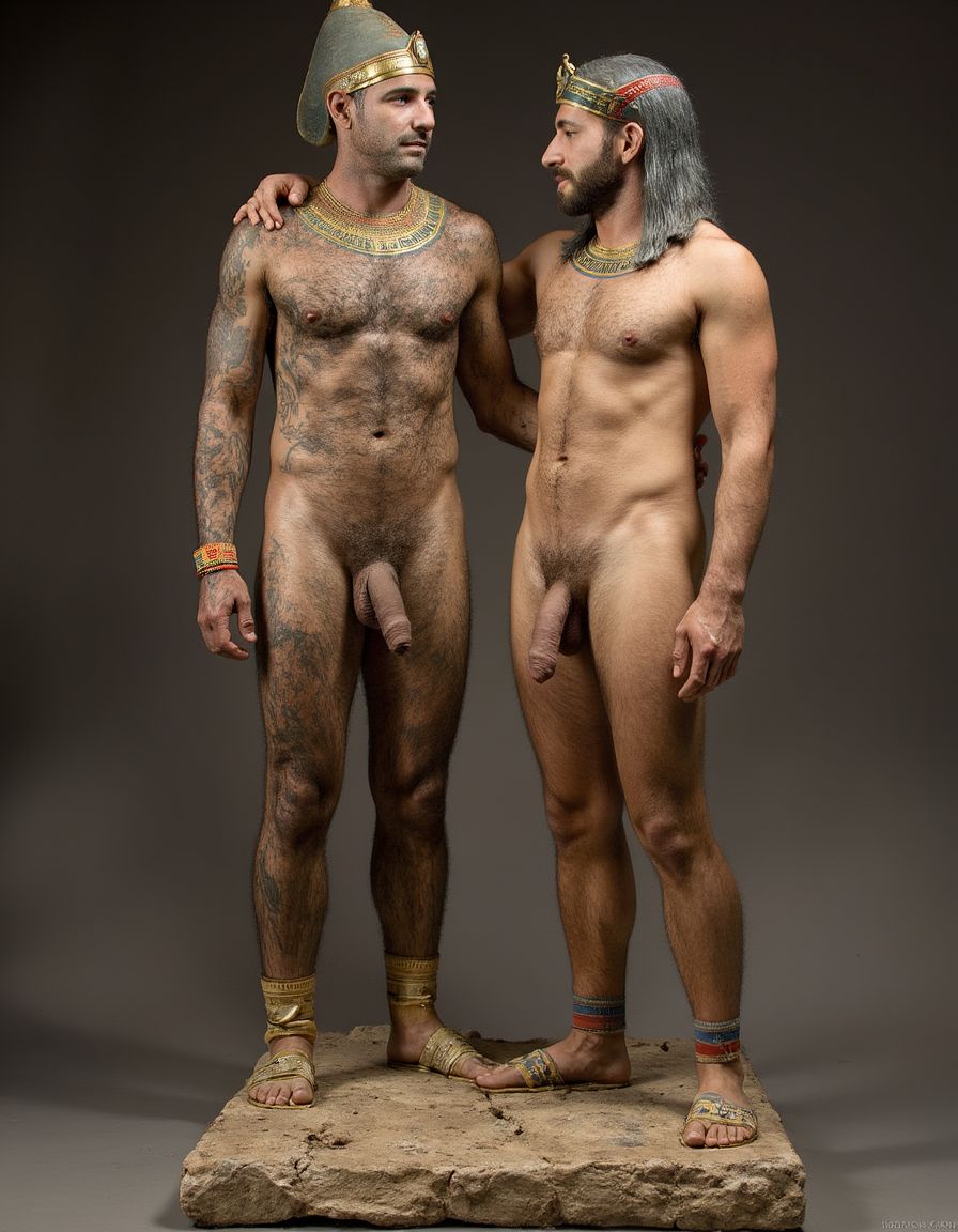 Akhenatón (originalmente llamado Amenhotep IV) fue un faraón egipcio que gobernó durante la Dinastía XVIII (Imperio Nuevo), aproximadamente entre 1353 a.C. y 1336 a.C. Es un hombre faraón de los más fascinantes y revolucionarios de la historia egipcia debido a su radical reforma religiosa. Está totalmente desnudo y en sus pies lleva sandalias de lujo de oro. Tiene un pene erecto de 20 cm de longitud y 8 cm de diámetro. Es admirado por su bello cuerpo de atleta. Tiene grandioso pene de 22 cm de longitud y 9 cm de diámetro y lo tiene en erección. Tiene el pene erecto. Aspecto muy masculino. A su lado hay otro hombre que lo ama, está detrás de él con la mano derecha en su pene, cogiendo el pene con pasión, tiene un pene de 30cm de longitud y 8 cm de diámetro, está meneando la polla y acariciando su culo con amor ❤️ . Tienen todos los músculos en tensión, es una imagen muy masculina y viril. Los penes están erectos y hay mucha excitación sexual. Sexo explicito. Pasión. Abrazo. Beso en los labios. Sexo anal muy profundo. 