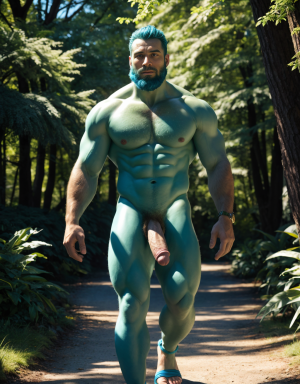 (Hombre 1 de color verde, desnudo, musculoso, tiene pene verde grande erecto, tiene testículos verdes, tiene mucho vello, tiene pelo verde, tiene barba verde, tiene sandalias verdes, tiene pezones grandes largos y puntiagudos). (Hombre 2 azul, desnudo, musculoso azul, tiene pene color azul grande erecto, tiene testículos color azul, tiene sandalias azules, tiene mucho vello, tiene pelo azul largo ondulado azul, tiene pezones grandes largos y puntiagudos). Los dos están andando por un camino en el campo. Tienen pezones con líquido blanco en sus pezones. 