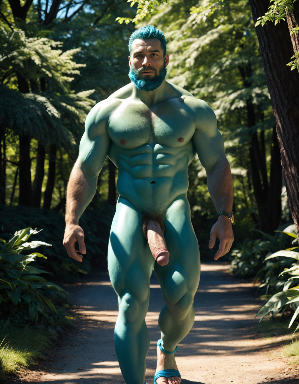 (Hombre 1 de color verde, desnudo, musculoso, tiene pene verde grande erecto, tiene testículos verdes, tiene mucho vello, tiene pelo verde, tiene barba verde, tiene sandalias verdes, tiene pezones grandes largos y puntiagudos). (Hombre 2 azul, desnudo, musculoso azul, tiene pene color azul grande erecto, tiene testículos color azul, tiene sandalias azules, tiene mucho vello, tiene pelo azul largo ondulado azul, tiene pezones grandes largos y puntiagudos). Los dos están andando por un camino en el campo. Tienen pezones con líquido blanco en sus pezones. 