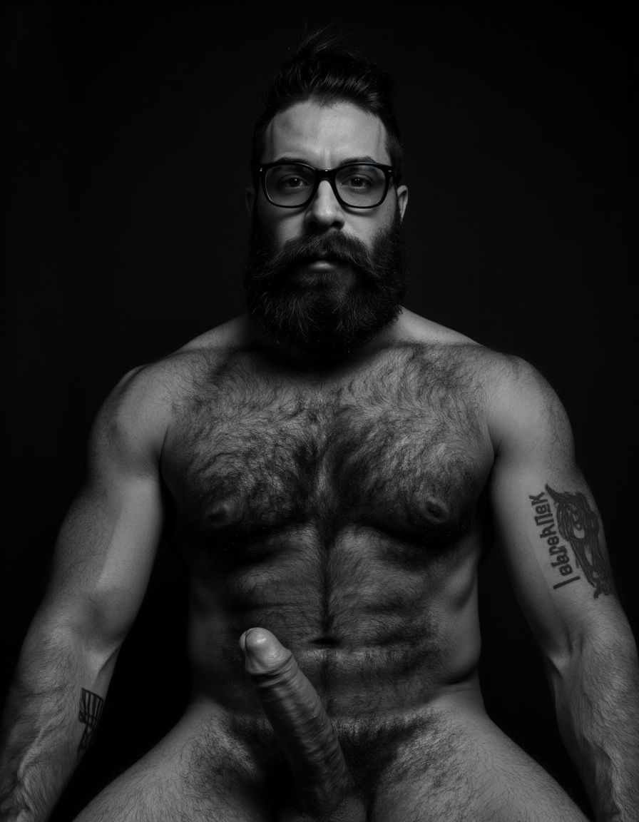 Fotografía hiperrealista en blanco y negro de un hombre adulto musculoso a la vista desde las rodillas para arriba hasta la cabeza, cuerpo muy delgado con musculación marcada y definida, rostro masculino, totalmente desnudo con polla erecta de treinta centímetros de longitud y ocho centímetros de diámetro, tiene rasgos marcados duros expresivos, barba densa poblada tupida oscura estilo hipster cubriendo completamente mandíbula mentón mejillas con grosor uniforme textura abundante muy definida, bigote denso tupido oscuro conectado perfectamente con la barba completa cubriendo completamente el labio superior, pelo oscuro medio peinado completamente recto hacia arriba con volumen considerable estilo hipster moderno quiff puntas verticales texturizadas hacia el cielo con altura prominente, cejas gruesas oscuras pobladas muy marcadas definidas, gafas de montura completa negra cuadradas grandes estilo hipster moderno sobre el puente de la nariz enmarcando unos ojos oscuros intensos que miran directamente a cámara con expresión seria penetrante confiada, expresión facial seria masculina sin sonrisa con mirada directa desafiante, pómulos marcados definidos angulares, nariz recta proporcionada, labios medios apenas visibles completamente cubiertos por bigote denso que conecta con la barba hipster completa, torso desnudo muy musculoso con pectorales enormes desarrollados y definidos, hombros anchos musculosos deltoide prominentes, brazos musculosos gruesos con bíceps y tríceps marcados visibles a ambos lados del cuerpo, abdomen tonificado marcado visible desde la cintura, piel con textura realista detallada poros imperfecciones sutiles, vello corporal denso oscuro abundante cubriendo pectorales abdomen brazos hombros con textura natural masculina muy visible, tatuaje en tinta negra en el bíceps del brazo derecho con la palabra exacta 