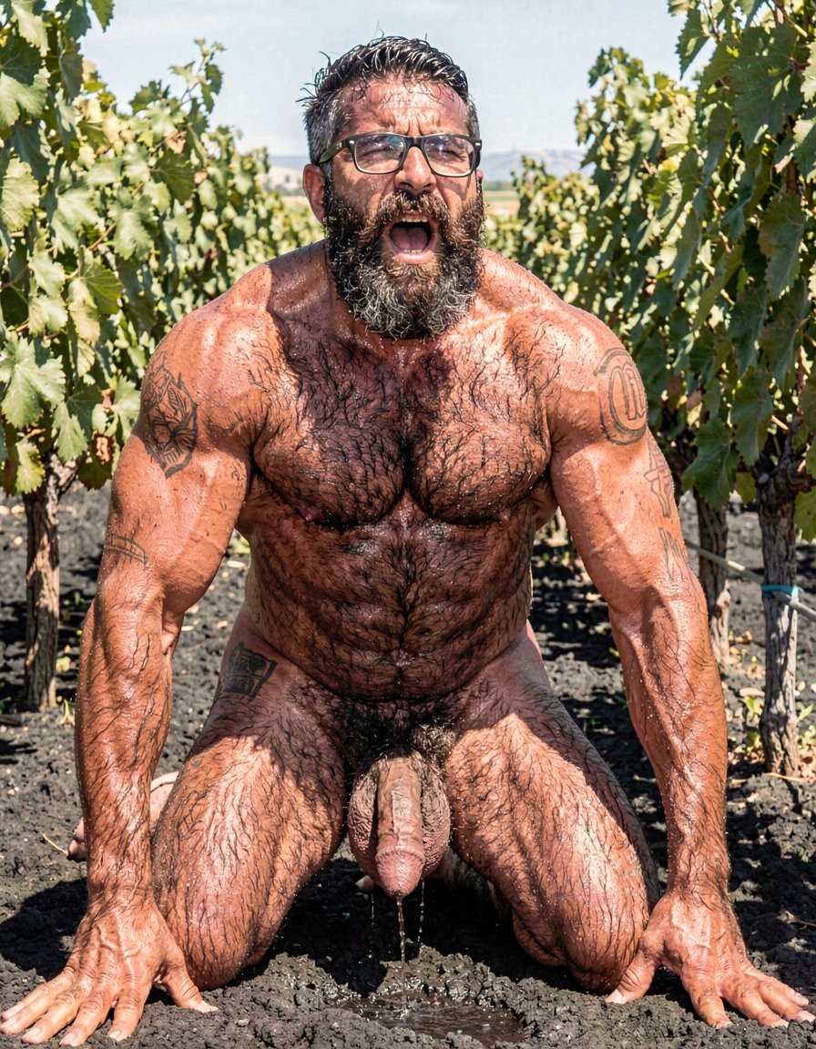 Un hombre desnudo, muy musculoso y cubierto de vello corporal, aparece arrodillado sobre tierra húmeda entre hileras de viñedos, con las manos apoyadas en el barro y el torso mojado brillando al sol. Lleva gafas oscuras, barba espesa y el pelo peinado hacia atrás, mientras mantiene la boca abierta en una expresión intensa. Sus brazos, hombros y pecho muestran una complexión robusta con tatuajes visibles, y su pene cuelga claramente entre las piernas con agua o barro goteando hacia el suelo. El entorno rural, las hojas de vid, la luz natural y la postura frontal crean una escena cruda, física y provocadora en plena viña.