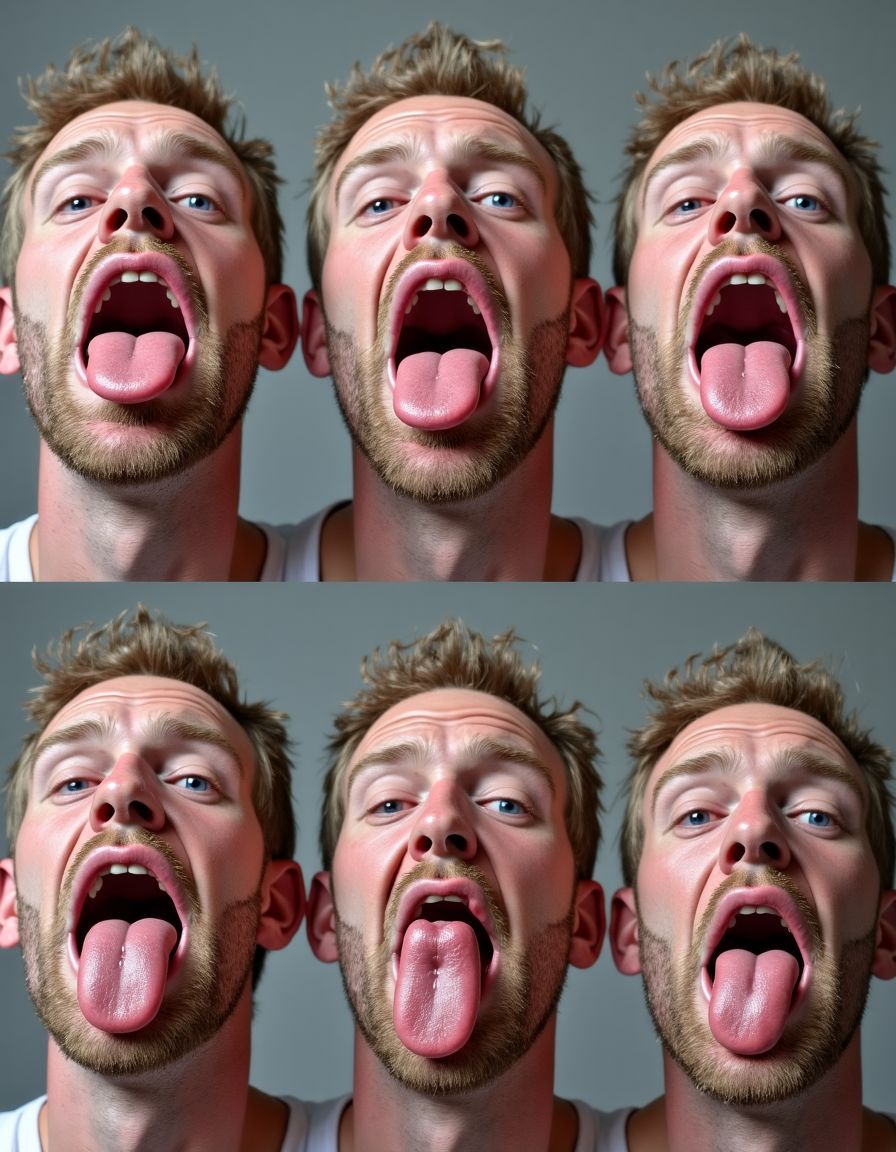 
Seis hombres de mediana edad en dos filas sacan sus lenguas con forma de pene y dejan caer saliva sobre sus grandes pezones. Fondo gris.