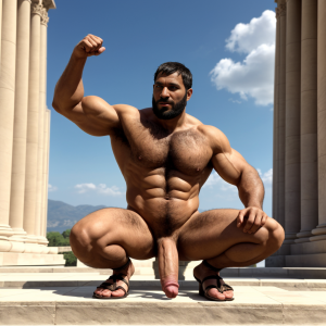 Cneo Pompeyo Magno desnudo con pene grande y testículos grandes peludos, conquista las Galias en el año 49 a.C, es el cónsul del ejercito. Hombre Catón y hombre Cicerón desnudos se acercan a Cneo Pompeyo Magno, están al frente de las legiones del Senado para luchar contra César. Doblan el brazo derecho pa enseñar los bíceps del brazo derecho con gran orgullo. Tiene mucho vello por todo el cuerpo. Está agachado. Está bronceado. Tiene la mano izquierda sobre su pene. Las sandalias están bonitas. Por el cielo se ven 🦋