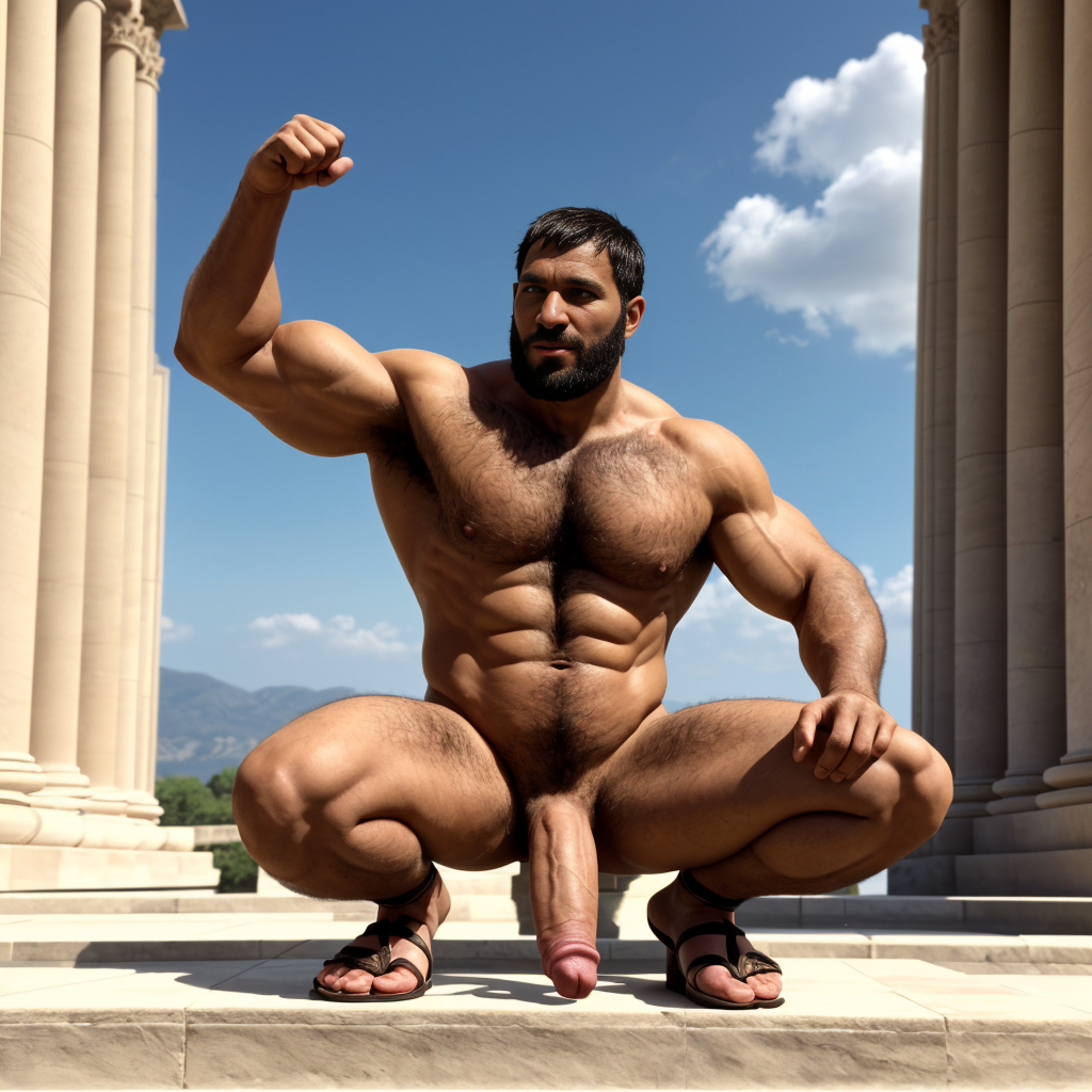 Cneo Pompeyo Magno desnudo con pene grande y testículos grandes peludos, conquista las Galias en el año 49 a.C, es el cónsul del ejercito. Hombre Catón y hombre Cicerón desnudos se acercan a Cneo Pompeyo Magno, están al frente de las legiones del Senado para luchar contra César. Doblan el brazo derecho pa enseñar los bíceps del brazo derecho con gran orgullo. Tiene mucho vello por todo el cuerpo. Está agachado. Está bronceado. Tiene la mano izquierda sobre su pene. Las sandalias están bonitas. Por el cielo se ven 🦋