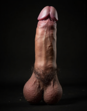 Pene erecto masculino de 38,5 cm de longitud y 8,5 cm de diámetro, proporciones perfectas, glande grueso y pronunciado con corona marcada, color rosado oscuro en la cabeza contrastando con el tono bronceado del tronco, venas gruesas y ramificadas recorriendo toda la extensión del falo desde la base hasta el glande, piel tensa y brillante por la erección máxima, prepucio retraído mostrando el frenillo, testículos grandes y pesados colgando en escroto arrugado, cubiertos de vello púbico oscuro y denso, pelo rizado extendiéndose hacia la base del pene, piel escrotal con textura visible y poros definidos, venas visibles en los testículos, posición frontal ligeramente angular, iluminación de estudio con sombras suaves que resaltan cada relieve y textura, fondo neutro oscuro, fotografía hiperrealista, ultra alta definición 4K, texturas extremadamente detalladas, colores naturales de piel humana, acabado cinematográfico.