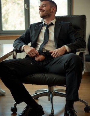 ---

Hombre joven de 26 años, delgado, 170cm, pelo corto castaño, sentado en silla de oficina de lujo en sala de reuniones vacía moderna con ventanales grandes, viste traje negro formal completo con camisa blanca y corbata negra perfectamente anudada al cuello, expresión de sumisión y éxtasis en el rostro, ojos cerrados, boca entreabierta con corbata de seda gris entre los dientes mordiéndola, pantalón del traje desabrochado y bajado hasta los muslos, ropa interior bajada, cuerpo tenso de placer, manos sobre sus propios muslos agarrando la tela del pantalón, lighting cinematográfico dramático desde ventanas laterales, ambiente de hotel de lujo en Palma de Mallorca, foto hiperrealista estilo editorial de moda masculina pero con tensión sexual explícita, encuadre de tres cuartos mostrando torso y piernas, zapato de charol negro brillante visible en el suelo debajo de la silla con manchas blancas de semen, atmósfera de control y dominación, colores ricos y contrastados, sombras marcadas, texturas de tela del traje muy detalladas, 8k, ultra detailed.