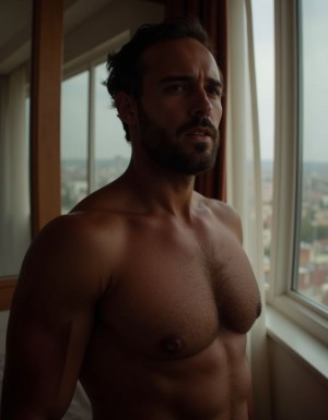 Hombre con pectorales peludos en sus 30 en una habitación de hotel se da cuenta que otra persona lo está mirando por la ventana 