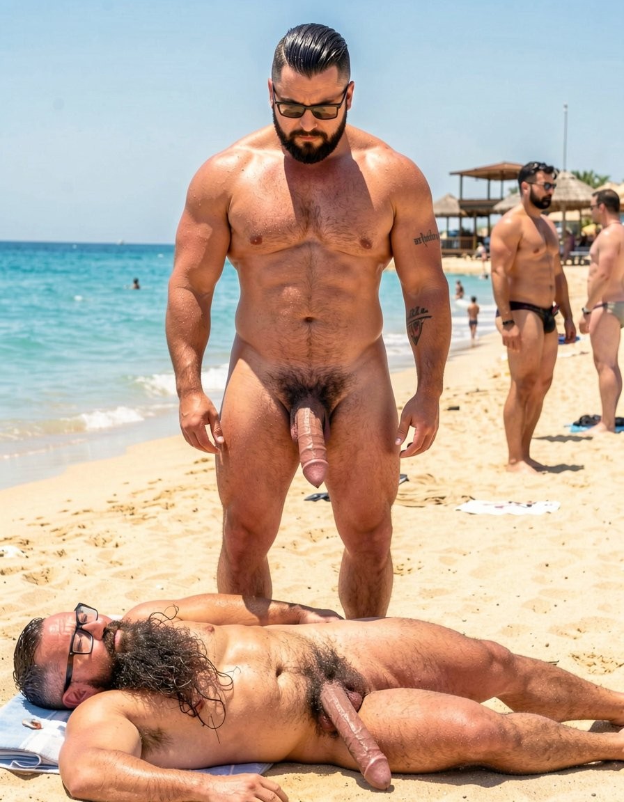 Photorealistic ultra-detailed cinematic image of Ferran standing tall and dominant on the warm sand at the shoreline of El Playazo nudist beach in Vera Playa, Almería, under intense bright midday sun. Ferran is 5% body fat in extreme competition shape, massive rounded pecs, insanely dry carved eight-pack, narrow waist, huge vascular arms and shoulders, dark chest hair, short stubble beard, polished high fade haircut, small black tattoo “hipster barba” on right bicep. His thick long veiny cock is fully hard, pointing straight forward, still wet with mixed precum, heavy tight balls hanging low. He stands with legs spread, looking down arrogantly.

Hipsterbarba is lying on his back on the sand right in front of him, 40 years old, 180cm, 80kg, 8% body fat, zero belly, extremely dry shredded six-pack, dense black chest hair, long thick Bandholz beard spread across his chest, big mustache with long curled spiral tips, black hipster glasses, small black tattoo “hipsterbarba” on right bicep. His thick heavy veiny cock is rock hard and resting on his own abs, foreskin partially back, still glistening with precum. Harsh direct sunlight creates strong highlights on every carved muscle, vein, wet black body hair, individual beard strands, sweat, precum and genital details. Turquoise sea gently lapping at the edge of the sand, chiringuito El Pirata visible in the distant background. Other naked men blurred far away watching with hard cocks. Maximum photorealism, hyper-detailed skin texture, realistic sand and water, sharp focus, cinematic midday lighting, raw explicit male scene.
