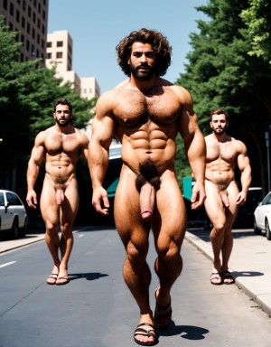 Dos hombres jóvenes desnudos musculosos y fibrosos. Tiene pene grande. Están andando por la calle. Tienen sandalias en los pies. El pene y los testículos se mueven al aire al andar. El enorme pene se dobla hacia el lado al ritmo del andar. Los testículos botan contra los muslos al andar moviéndose hacia afuera. Tienen mucho pelo vello en el pecho. Tienen los pelos muy rizados y largos. El pelo es vaporoso y se mueve con el aire hacia adelante. Tienen pezones muy largos y son perfectos. Tiene cintura perfecta.