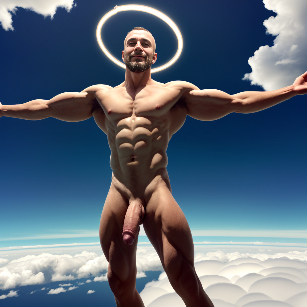 Hombre de 36 años de edad, totalmente desnudo, enseñando sus músculos bíceps de los brazos. Está rodeado de nubes blancas en un cielo azul. Tiene pene grande y tiene testículos peludos prominentes. Tiene aro luminoso en su cabeza, irradiando bondad. Está sobre nubes blancas exponiendo su cuerpo musculoso. Está volando entre nubes. Es muy esbelto y muy elegante. Es muy atractivo. Está volando entre nubes, y flotando en el cielo. Está totalmente desnudo exhibiendo sus genitales hermosos y bonitos. Sus pies están bonitos