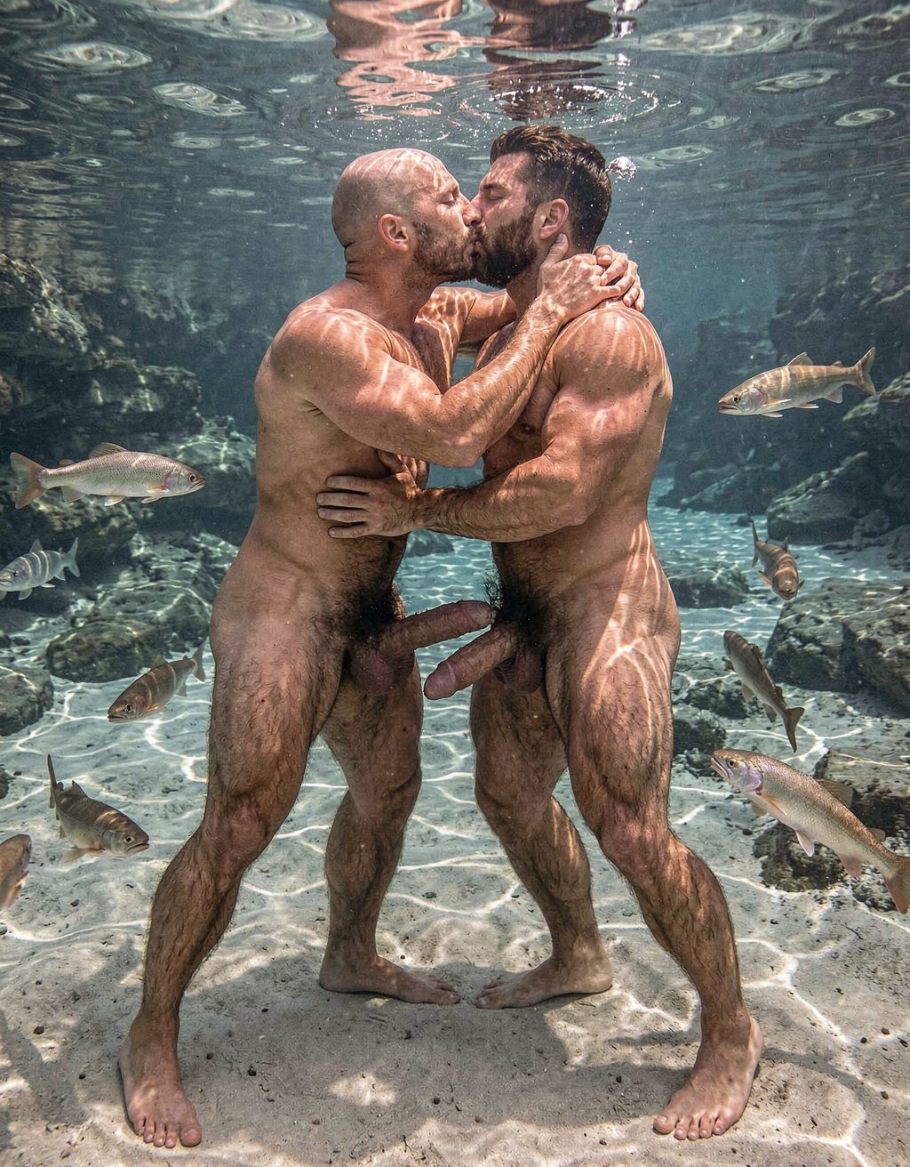 Alden y Ciro.

Full body wide shot underwater in a crystal clear flowing river. Two extremely muscular, heavily hairy naked men kissing passionately, mouths locked in a deep kiss, tongues intertwined, bubbles escaping. Alden, 35, completely bald, 178 cm tall with a lean defined physique at 9% body fat, wraps his arms around Ciro's neck, eyes closed in ecstasy. Both of Alden's legs are fully visible from hips to feet, his powerful thighs and calves visibly tensed and contracted, toes curled, every muscle fiber defined as he leans into Ciro. Ciro, 41, with short dark brown hair and a short trimmed beard floating in the current, 180 cm tall with a dense muscular body at 7.5% body fat, holds Alden tight around the waist. Both of Ciro's legs are also fully visible from hips to feet, his own powerful thighs and calves tensed as he presses his body toward Alden, his feet planted on the riverbed. Their bodies are pressed from chest to groin, dense dark chest and abdominal hair mingling. Between their furry bellies, their two fully erect penises are positioned extremely close together but separated by just 1 millimeter — Alden's massive 24 cm long, 28 cm girth cock hovering a hair's breadth away from Ciro's 22 cm thick cock, both shafts in full view, both glans facing each other, the tiny gap between them clearly visible, both cocks fully erect and pointing slightly upward, almost touching but not quite, the anticipation palpable. Full body composition showing all four legs, both cocks close but not touching, entire figures from head to toe. Salmon swim in a circle around them. Sunlight streams from above creating light patterns on bronzed wet skin. Photorealistic, UHD, 16:9, extreme detail in all four legs, both erect cocks extremely close with 1mm separation, full body frame, underwater musculature, wet body hair texture, salmon circling, two muscular hairy men kissing passionately while their cocks hover a millimeter apart underwater in a complete full body shot.