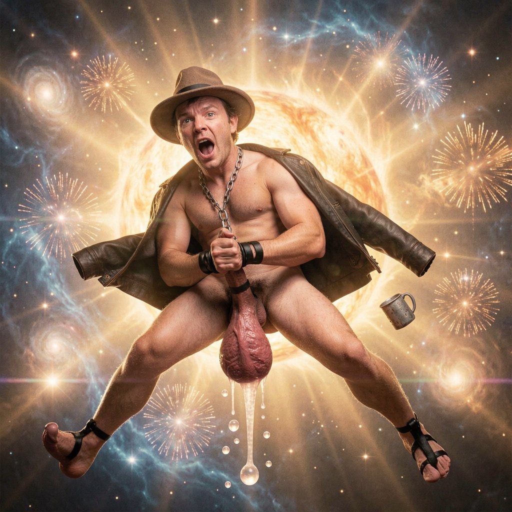 A naked man with a brown hat, an open leather jacket, and sandals appears floating in an open, theatrical pose against a luminous cosmic background, with a large shining star or sun behind him and fireworks around him. He wears a thick chain around his neck and black wristbands, with an expression of shouting or surprise as he looks forward. His penis and testicles are exposed and exaggeratedly centered, held with both hands, while several white drops fall downward. The scene has a surreal and digital style, mixing absurd humor, explicit nudity, outer space, galaxies, golden lights, festive explosions, and a small metallic object floating to one side.