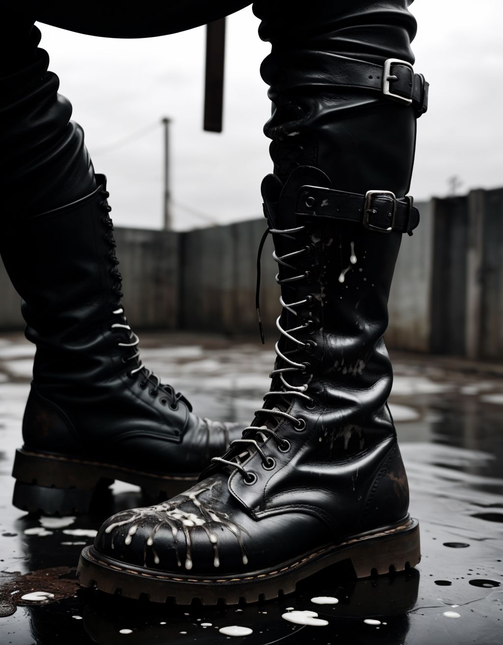 Botas de cuero skin negras, manchadas de semen blanco y viscoso, con textura rugosa y brillo intenso, detalles de salpicaduras y gotas en la superficie, fondo oscuro y sombrío, enfoque en las manchas y la textura del cuero.