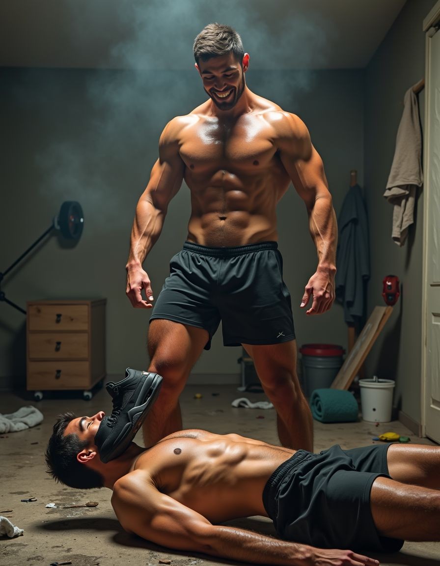 Un chico atlético y musculoso, con cuerpo tonificado y brillo de transpiración en la piel, se yergue en una pose triunfal en el centro de una habitación desordenada y con olor a sudor. Su ropa deportiva, consistente en shorts de deporte ajustados y una camiseta empapada de sudor, resalta su físico impresionante. Una sonrisa de satisfacción se dibuja en su rostro mientras ejerce su dominio sobre el oponente derrotado.

El perdedor, acostado en el suelo con una expresión de derrota y sumisión, tiene una zapatilla Nike Jordan 4 negra atada sobre su cara, lo que añade un elemento de humillación a la escena. El chico de pie, con una actitud de superioridad, pisa la cabeza del otro, forzándolo a oler la zapatilla, lo que subraya la dinámica de poder y sumisión en la escena.

La habitación, descuidada y sucia, está llena de toallas y equipamiento deportivo esparcidos por el suelo, lo que crea un ambiente de desorden y abandono. La iluminación de la escena es hiperrealista, resaltando la textura de la piel y la ropa de los chicos, así como el olor y la atmósfera de la habitación. La imagen es detallada y precisa, con un enfoque en la interacción entre los dos personajes y el ambiente que los rodea.

El chico de pie, con su físico atlético y su ropa deportiva empapada de sudor, es el centro de atención de la escena, mientras que el perdedor, con su zapatilla en la cara y su postura sumisa, se convierte en un elemento secundario, subrayando la relación de poder entre los dos personajes. La escena es intensa y llena de tensión, con un enfoque en la dinámica de poder y sumisión, y se desarrolla en un ambiente de habitación sucio y descuidado.