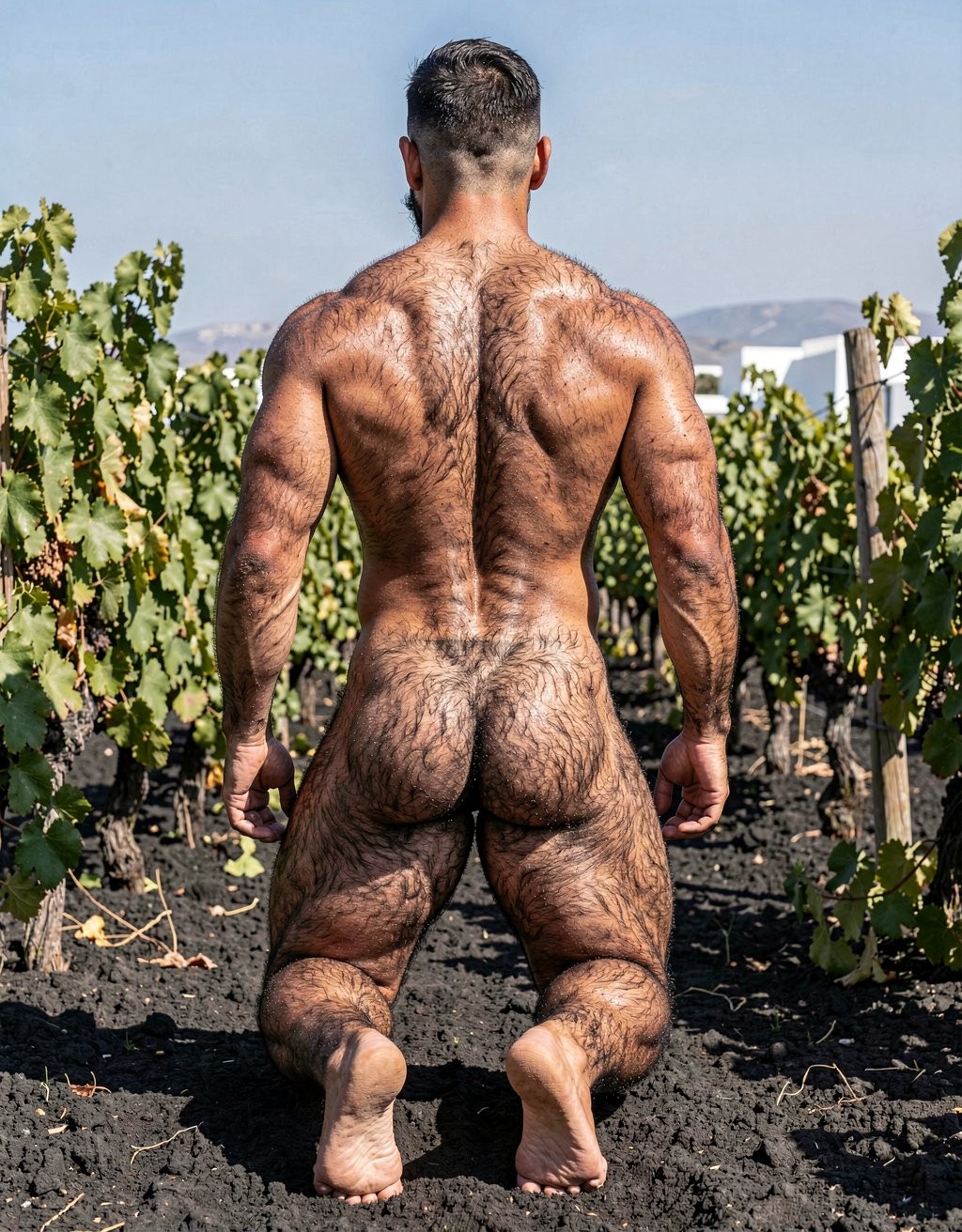 A naked, very muscular man appears from behind, kneeling on dark soil between rows of vineyards, with his arms tense at his sides and his head turned slightly downward. His body is covered with abundant hair, especially on his back, buttocks, legs, and arms, highlighting the definition of his shoulders, lats, waist, and thighs. His buttocks are completely visible under the direct sunlight, while the soles of his feet rest partially on the volcanic ground. Around him, the green vine leaves form an agricultural corridor, with a clear sky, distant mountains, and a white building in the background.