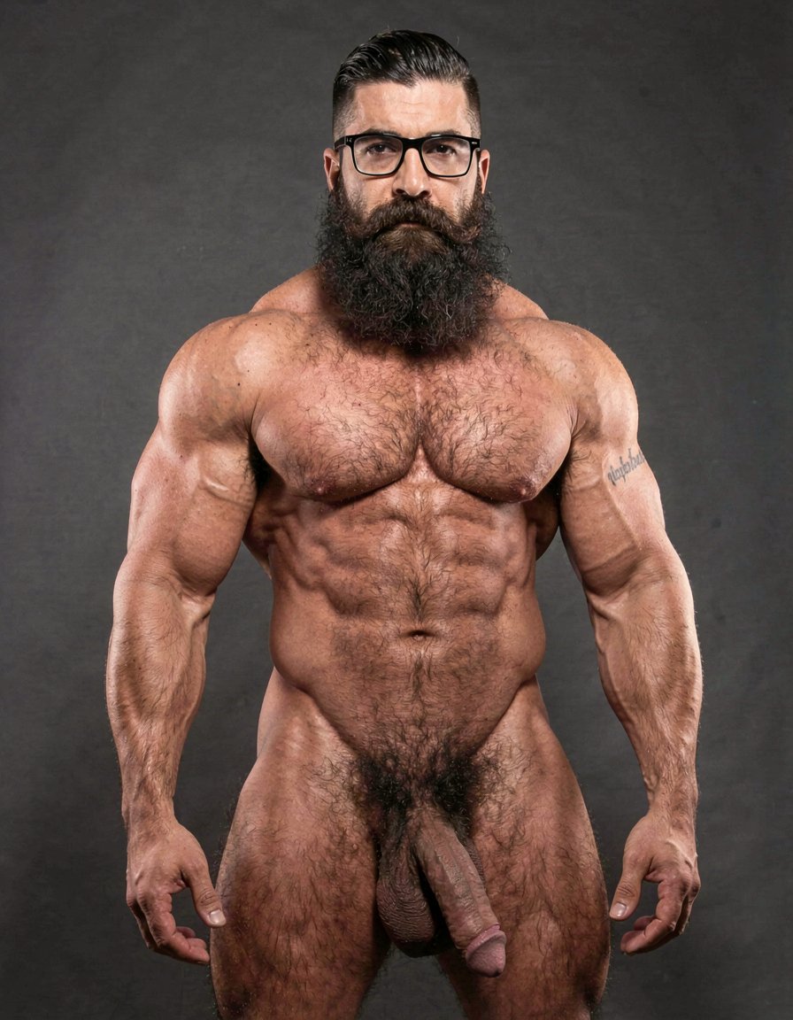 A highly detailed full-body nude photograph of a 40-year-old dominant muscle bear named Hipsterbarba, standing confidently in a well-lit studio with dramatic lighting that accentuates every muscle. He is 180cm tall, 80kg with 8% body fat, extremely muscular and symmetrical. Massive rounded hairy pecs with clear separation and dark pointed nipples, shredded six-pack abs with deep cuts and visible obliques forming a strong V-taper, wide shoulders, vascular arms, huge quads and defined legs. Very dense black masculine body hair covering his chest, running down in a thick treasure trail to a very bushy dark pubic area. He has a perfectly groomed long Bandholz beard that reaches mid-chest, thick mustache with curled upward spiral ends, modern high fade undercut hairstyle, black hipster glasses, and a small tattoo on his right bicep that reads 