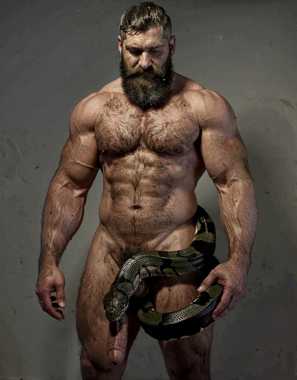 A powerful muscular Greek man named Dimitris, 40 years old, hairy chest and thick beard, athletic mature body covered in dark fur, stands naked in dim warm light. A large glossy python snake with black and emerald green scales is sensually and tightly coiling up his right leg in smooth spiraling loops, starting from the calf, gripping the thick hairy thigh with possessive pressure. The snake’s heavy muscular body then wraps tightly around his heavy hanging balls, lifting and squeezing them in several firm coils, before continuing upward to spiral around his thick veiny erect cock from the base all the way to the swollen head, constricting it with slow rhythmic contractions. The snake’s scales contrast against his tanned skin and dark pubic hair, dramatic side lighting creating strong highlights on the glossy scales and sweaty skin, intense erotic tension, highly detailed, cinematic atmosphere.