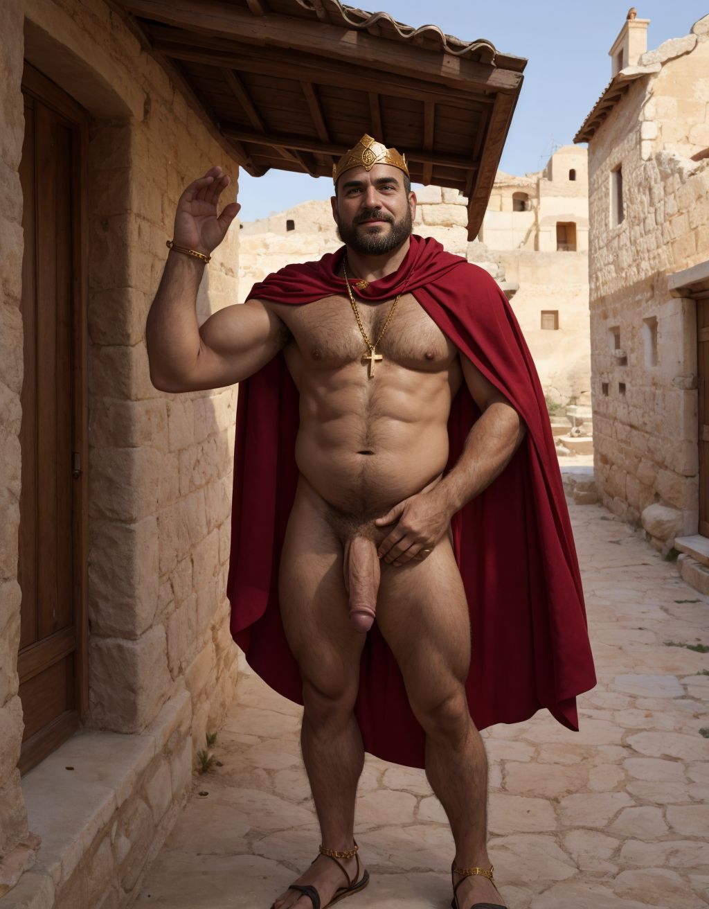 Hombre griego del siglo 1. Esta en un poblado del siglo 1 con casas antiguas. Está desnudo. Tiene un pene grande colgando entre las piernas. Tiene dos testículos gordos y peludos colgando entre las piernas. Está de pie mirando sus sandalias de los pies. Está contento. Tiene una corona de oro con diamantes en la cabeza. Tiene un collar de cadena de oro con una cruz colgando del cuello. Tiene una capa roja colgada del cuello hacia la espalda. Tiene sandalias marrones en los pies. En la mano izquierda tiene una rosa roja.