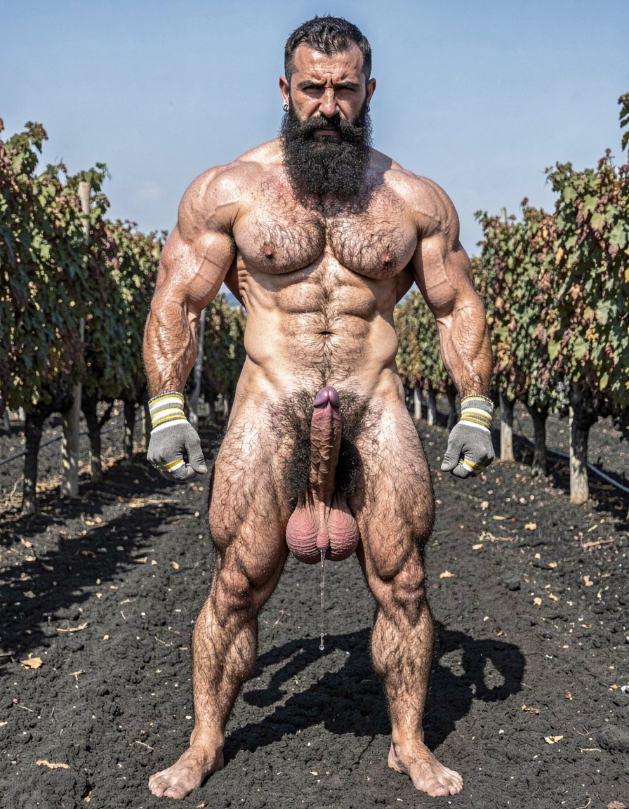 A hyper-realistic full-body vertical photograph taken in harsh midday Santorini sunlight over black volcanic soil between rows of Assyrtiko vines. Dimitris, 32, stands completely naked except for grey work gloves with yellow and white stripes, feet planted wide apart on the dark earth, toes gripping the soil. Shot from a low frontal angle so every inch from his big dirty feet to the top of his head is visible without cropping. His body is at 5% body fat, extremely muscular competition physique: huge veiny traps and shoulders, massive hairy pecs, eight-pack abs partially covered by dense black curly body hair that runs from his neck all the way down to his toes. Extremely thick black pubic bush, massive thick veiny Greek cock rock-hard and pointing upward almost touching his abs, swollen purple glans shiny with precum, a long clear drop hanging from the slit. Heavy low-hanging hairy balls. Thick black hair covers his powerful thighs, calves and feet. His face is pure predator: long thick connected black beard and mustache, short jet-black hair with shaved sides, dark intense eyes looking straight at the viewer, small silver earring in left ear. Skin deeply tanned and covered in sweat that makes the dense body hair glisten. Every muscle, every strand of wet black hair, every vein is razor sharp under the direct Mediterranean sun. Maximum photorealistic detail, vertical composition showing the entire body head to toe with no cropping.