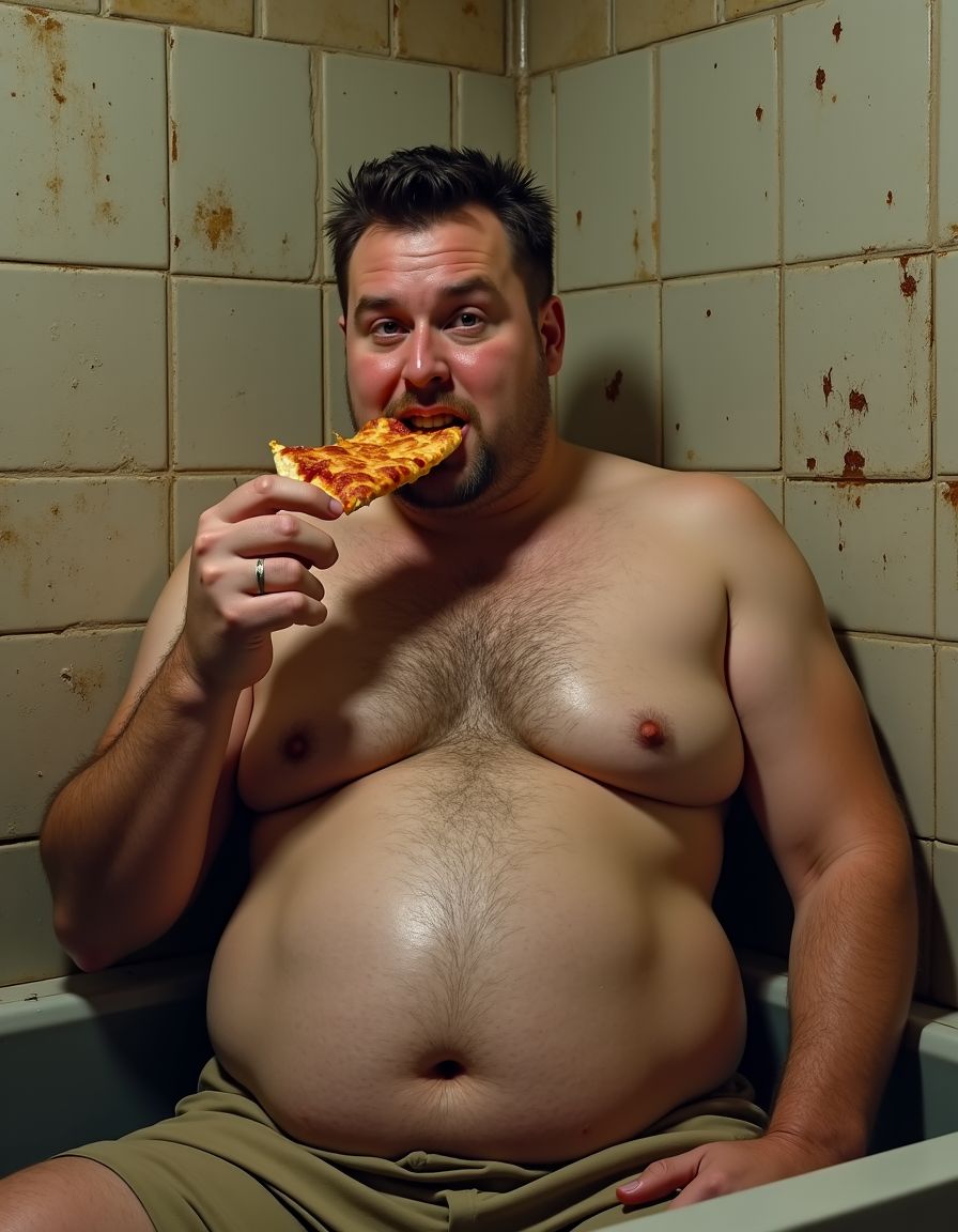 Hombre robusto y desnudo, en un lavabo deteriorado, con azulejos deslucidos y grifos oxidados, disfrutando de una porción de pizza. Su vientre prominente y piel brillante resaltan en el ambiente sucio. La escena evoca un momento de placer clandestino en un entorno inapropiado.