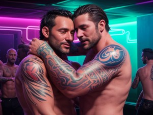 Varios hombres de 35 años ((totalmente desnudos)), tatuados, abrazándose, en una discoteca gay iluminada, con luces de neón, música alta, y ambiente sensual. Piel hiperrealista, detalles anatómicos precisos, 8k, colores vibrantes.