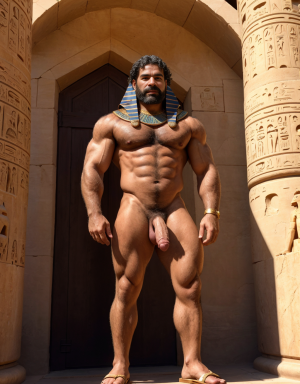Useref Re desnudo príncipe heredero del faraón Userkaf de la ciudad egipcia Saqqara junto a una puerta falsa de granito rosa. Año 2455 antes de Cristo. Monumental estela de falsa puerta. Está desnudo. Tiene testículos grandes redondos y largos. Tiene sandalias. Está delgado y musculoso. Tiene mucho vello. Tiene pene enorme.