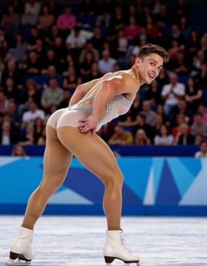 a 25-year-old Olympic male figure skater, with a smooth, tanned complexion and soft, brown hair, green eyes, and full, inviting lips, showcasing a dazzling smile with perfectly white teeth, stands confidently, leaning forward, and smiling over his shoulder, as he intentionally showcases his round, big, bubble butt directly into the camera lens, by bending over a lot. One of his hands is gently resting on his buttock, subtly spreading his cheeks, accentuating the curves of his rear. 

He is dressed in a skintight, light-colored skintight spandex suit, adorned with rhinestones and shiny elements, which tightly hugs his body, emphasizing his strong, athletic legs and accentuating the definition of his buttocks, the fabric visibly clinging between his cheeks. 

In the background, the audience is in a frenzy, with some spectators cheering and whistling, clearly enthralled by the figure skater's daring pose and the revealing nature of his costume, while others can be heard shouting derogatory slurs, such as 