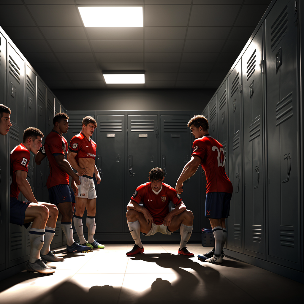 Muscular soccer player on knees, surrounded by dominant teammates, athletic bodies, sweaty skin, post-game locker room, dramatic lighting, realistic anatomy, benches and lockers background, steamy atmosphere, sports equipment scattered, intense male focus.