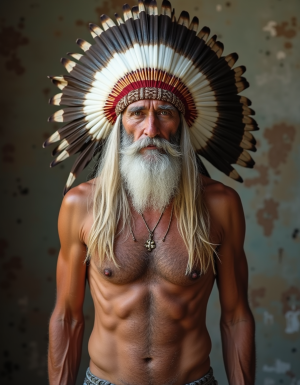 Mariano es un hombre de 60 años, tiene una larga cabellera, tiene barba blanca. Está totalmente desnudo pero lleva un penacho tocado de plumas warbonnet con muchas plumas. Tiene un cuerpo con músculos marcados y definidos. Tiene un pene erecto de 36 cm de longitud y 7 cm de diámetro. Tiene mucho vello corporal blanco. 💪🏼. Es el Rey Gay de todos los hombres 💪🏼 Gay 🌈 desnudos 😊 y empalmados 😋 que hay en el fondo 👨🏼‍🦱👨🏼‍🦰👱🏽‍♂️👨🏽‍🦲🧔🏽👮🏻‍♂️👷🏼‍♂️💂🏼‍♂️