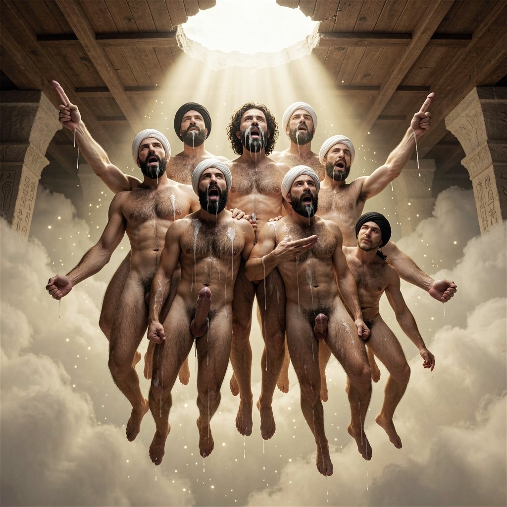 Siete hombres desnudos flotan en una escena surrealista de aspecto ritual, dentro de un espacio monumental con columnas de piedra y techo de madera abierto por un óculo circular del que desciende una intensa luz dorada. Sus cuerpos musculosos aparecen suspendidos entre nubes y partículas brillantes, con turbantes blancos o negros y expresiones exaltadas, algunos mirando hacia arriba y otros gritando. Varias figuras tienen el pene visible, en algunos casos erecto, y se aprecian chorros blancos sobre los cuerpos y en el aire, reforzando una atmósfera explícita, mística y orgiástica. La composición simétrica, la iluminación celestial y el entorno arquitectónico antiguo crean una mezcla de iconografía religiosa, desnudez masculina y fantasía dramática.