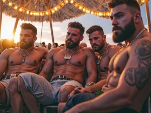 4 hombres nórdicos  hípters hipermasculinos en el barrio kobmendense de Christianía, se han quitado la camiseta y lucen el pecho. Llevan barbas pobladas y colgantes sobre el pecho
