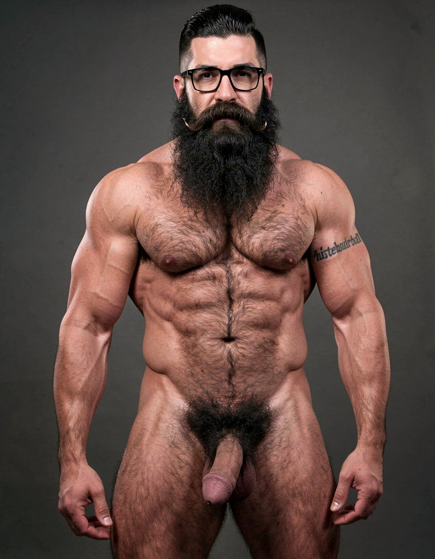 A highly detailed full-body nude photograph of a 40-year-old dominant muscle bear named Hipsterbarba, standing confidently in a well-lit studio with dramatic lighting that accentuates every muscle. He is 180cm tall, 80kg with 8% body fat, extremely muscular and symmetrical. Massive rounded hairy pecs with clear separation and dark pointed nipples, shredded six-pack abs with deep cuts and visible obliques forming a strong V-taper, wide shoulders, vascular arms, huge quads and defined legs. Very dense black masculine body hair covering his chest, running down in a thick treasure trail to a very bushy dark pubic area. He has a perfectly groomed long Bandholz beard that reaches mid-chest, thick mustache with curled upward spiral ends, modern high fade undercut hairstyle, black hipster glasses, and a small tattoo on his right bicep that reads 