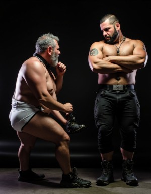 Un hombre sumiso de 55 años, con cabello grisáceo y barba bien definida, arrodillado en el suelo con los pantalones bajados hasta las rodillas, mostrando sus muslos pálidos y flácidos. Su mirada está fija en la bota de cuero negro de su Amo, con una expresión de sumisión y obediencia. La bota está sucia y gastada, con marcas de uso y desgaste, y el hombre sumiso la lame con dedicación, pasando su lengua sobre la superficie de cuero con movimientos lentos y precisos. El Amo, un hombre alto y musculoso con una presencia dominante, está de pie frente a él, con los brazos cruzados y una mirada de satisfacción y control. El hombre sumiso lleva un collar de cuero alrededor del cuello, con una placa de metal que refleja la luz, y su cuerpo muestra signos de envejecimiento y desgaste, pero su dedicación a su Amo es evidente en su postura y sus acciones. La escena está iluminada con una luz suave y cálida, que resalta los detalles de la bota y la sumisión del hombre, y el fondo es un espacio oscuro y neutro que no distrae la atención de la escena principal. La imagen es hiperrealista, con detalles precisos y texturas realistas, y transmite una sensación de poder y sumisión.