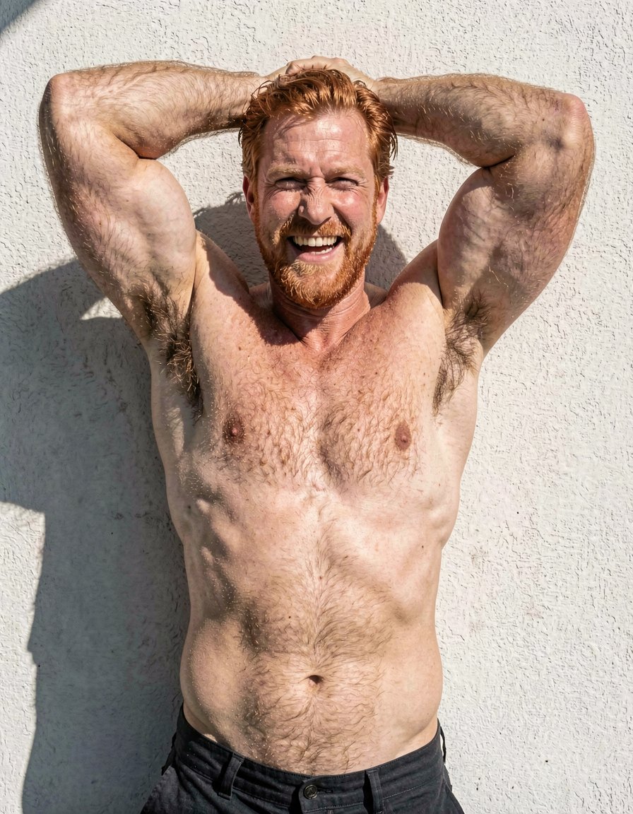 Imagine a hot hunk, mid 40's red hair, 6ft6, big muscular man, standing against thee wall with a raging 12 inch penis  holding both arms behind his head, smiling with perfect dentist smile looking naughty and horny. Man must be quite airy on his arms, legs, and chest. withthe sun shin ng on his well tanned music with a, perfect anatomy. 