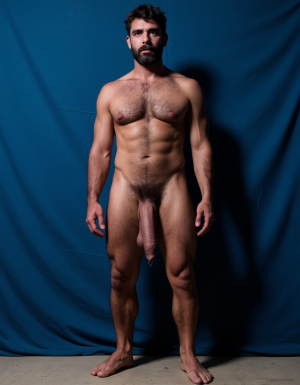 Enomao. Hombre de 35 años, cuerpo completo de pies a cabeza, pose frontal de pie, cuerpo delgado, rostro rudo con mandíbula cuadrada y ceño fruncido, barba abundante negra descuidada de varios días, nariz ancha, cicatriz pequeña en la ceja izquierda, mirada intimidante, pelo negro largo y despeinado, cuello grueso con tendones marcados, hombros anchos y trapecios abultados, pectorales enormes y duros con sombras profundas bajo cada músculo, pezones oscuros rodeados de vello negro denso, vello negro abundante cubriendo todo el pecho extendiéndose hacia el abdomen, abdominales definidos con seis bloques marcados y venas visibles, línea de vello negro desde el ombligo bajando, oblicuos duros con sombras que acentúan cada fibra muscular, brazos con bíceps y tríceps marcados y muy definidos, venas prominentes en los antebrazos, vello negro espeso en antebrazos y dorso de las manos, manos con nudillos anchos y dedos fuertes, piel con suciedad natural como grasa de trabajo y tierra en pecho brazos y piernas, manchas de mugre en los antebrazos y marcas de sudor seco, muslos marcados con cuádriceps separados y definidos cubiertos de vello negro abundante, pantorrillas duras en tensión con vello oscuro, pies descalzos plantados en suelo de hormigón, iluminación lateral dura que proyecta sombras profundas en cada grupo muscular resaltando la masa y la fuerza bruta, ambiente de atmósfera cruda y masculina, fotografía hiperrealista, textura de piel visible con poros y imperfecciones. Tiene un pene erecto masculino de 38,5 cm de longitud y 8,5 cm de diámetro, proporciones perfectas, glande grueso y pronunciado con corona marcada, color rosado oscuro en la cabeza contrastando con el tono bronceado del tronco, venas gruesas y ramificadas recorriendo toda la extensión del falo desde la base hasta el glande, piel tensa y brillante por la erección máxima, prepucio retraído mostrando el frenillo, testículos grandes y pesados colgando en escroto arrugado, cubiertos de vello púbico oscuro y denso, pelo rizado extendiéndose hacia la base del pene, piel escrotal con textura visible y poros definidos, venas visibles en los testículos, posición frontal ligeramente angular, iluminación de estudio con sombras suaves que resaltan cada relieve y textura, fotografía hiperrealista, ultra alta definición 4K, texturas extremadamente detalladas, colores naturales de piel humana, acabado cinematográfico.

El fondo de la imagen es un azul ultramar intenso y profundo, con ondas de tela que ondean como si fueran arrastradas por el viento, creando un movimiento dinámico con la figura. La textura ondulante, similar a la seda, añade una capa de profundidad y sensibilidad a la escena, contrastando con la crudeza y pasión del acto sexual.

La fotografía realista, con genitales anatómicamente correctos y proporciones naturales, sin distorsión, busca capturar la esencia cruda y visceral del momento, sin adornos ni censuras. El enfoque en el punto del pene visible desde un ángulo lateral, busca resaltar la intensidad y la conexión del hombre y su entorno, inmerso en un acto de pasión y deseo. El contenido explícito para adultos es una representación auténtica y sin tapujos de la intimidad y el deseo humano, sin rodeos ni evasivas.