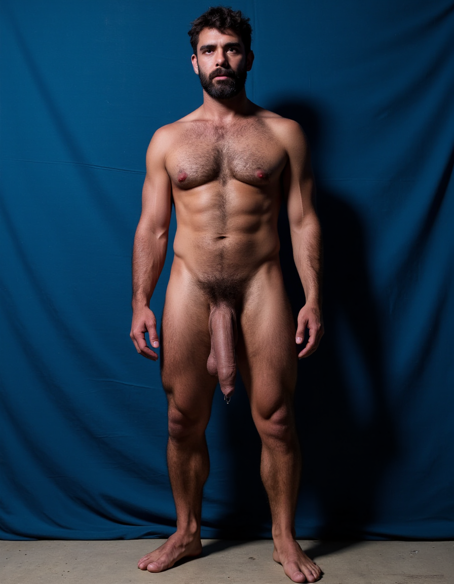 Enomao. Hombre de 35 años, cuerpo completo de pies a cabeza, pose frontal de pie, cuerpo delgado, rostro rudo con mandíbula cuadrada y ceño fruncido, barba abundante negra descuidada de varios días, nariz ancha, cicatriz pequeña en la ceja izquierda, mirada intimidante, pelo negro largo y despeinado, cuello grueso con tendones marcados, hombros anchos y trapecios abultados, pectorales enormes y duros con sombras profundas bajo cada músculo, pezones oscuros rodeados de vello negro denso, vello negro abundante cubriendo todo el pecho extendiéndose hacia el abdomen, abdominales definidos con seis bloques marcados y venas visibles, línea de vello negro desde el ombligo bajando, oblicuos duros con sombras que acentúan cada fibra muscular, brazos con bíceps y tríceps marcados y muy definidos, venas prominentes en los antebrazos, vello negro espeso en antebrazos y dorso de las manos, manos con nudillos anchos y dedos fuertes, piel con suciedad natural como grasa de trabajo y tierra en pecho brazos y piernas, manchas de mugre en los antebrazos y marcas de sudor seco, muslos marcados con cuádriceps separados y definidos cubiertos de vello negro abundante, pantorrillas duras en tensión con vello oscuro, pies descalzos plantados en suelo de hormigón, iluminación lateral dura que proyecta sombras profundas en cada grupo muscular resaltando la masa y la fuerza bruta, ambiente de atmósfera cruda y masculina, fotografía hiperrealista, textura de piel visible con poros y imperfecciones. Tiene un pene erecto masculino de 38,5 cm de longitud y 8,5 cm de diámetro, proporciones perfectas, glande grueso y pronunciado con corona marcada, color rosado oscuro en la cabeza contrastando con el tono bronceado del tronco, venas gruesas y ramificadas recorriendo toda la extensión del falo desde la base hasta el glande, piel tensa y brillante por la erección máxima, prepucio retraído mostrando el frenillo, testículos grandes y pesados colgando en escroto arrugado, cubiertos de vello púbico oscuro y denso, pelo rizado extendiéndose hacia la base del pene, piel escrotal con textura visible y poros definidos, venas visibles en los testículos, posición frontal ligeramente angular, iluminación de estudio con sombras suaves que resaltan cada relieve y textura, fotografía hiperrealista, ultra alta definición 4K, texturas extremadamente detalladas, colores naturales de piel humana, acabado cinematográfico.

El fondo de la imagen es un azul ultramar intenso y profundo, con ondas de tela que ondean como si fueran arrastradas por el viento, creando un movimiento dinámico con la figura. La textura ondulante, similar a la seda, añade una capa de profundidad y sensibilidad a la escena, contrastando con la crudeza y pasión del acto sexual.

La fotografía realista, con genitales anatómicamente correctos y proporciones naturales, sin distorsión, busca capturar la esencia cruda y visceral del momento, sin adornos ni censuras. El enfoque en el punto del pene visible desde un ángulo lateral, busca resaltar la intensidad y la conexión del hombre y su entorno, inmerso en un acto de pasión y deseo. El contenido explícito para adultos es una representación auténtica y sin tapujos de la intimidad y el deseo humano, sin rodeos ni evasivas.