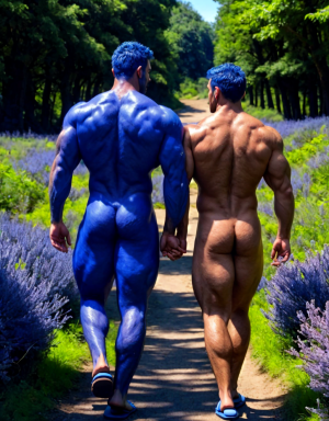 Dos Hombres azul desnudos musculosos azul, tiene pene color azul, tiene testículos color azul. Tiene sandalias azules. Tiene mucho vello. Tiene pelo azul largo ondulado azul. Tiene pezones grandes largos y puntiagudos. Está andando por un camino en el campo con flores azules. Pezones lanzando líquido blanco por sus pezones.