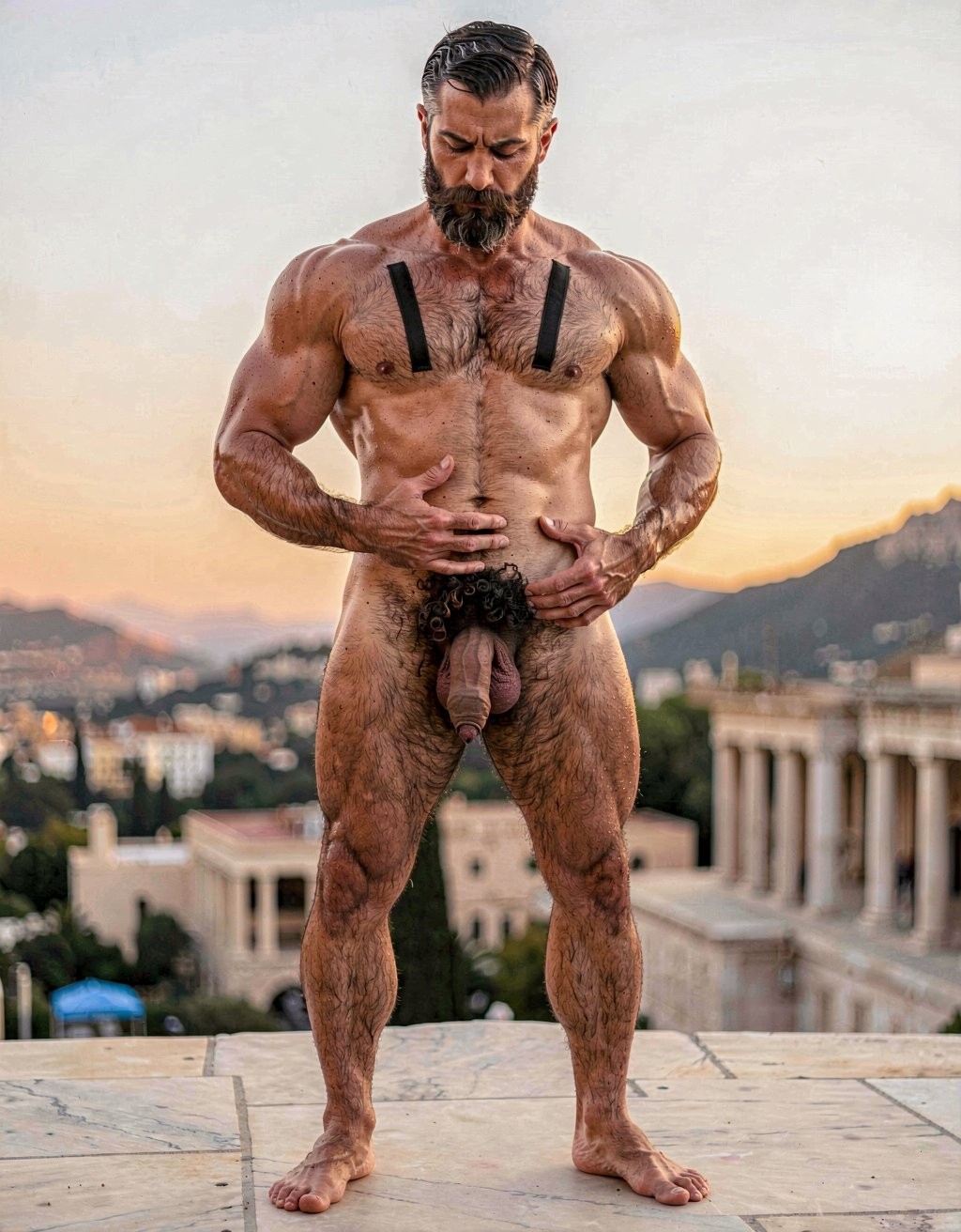 Pericles. A hyper-realistic full-body portrait of completely naked Pericles at 35 years old standing tall under the warm golden light of an Athenian sunset, as if Phidias had carved him from warm living marble and breathed life into him. Perfectly proportioned athletic body, 172 cm, 75 kg, 5% body fat, imposing and dignified presence. Elongated “onion-shaped” skull, short dark brown military-cut hair with silver at the temples, short dense well-groomed dark brown beard and finer trimmed mustache framing a stern aristocratic face with deep-set intense brown eyes. Strong muscular neck, broad rounded shoulders, powerful hairy pectorals with vertical dark trail, small dark hardened nipples, sharply defined abdomen with thick treasure trail leading to a dense curly dark pubic bush. His thick 22 cm erect penis with a slight upward curve, prominent veins along the darker shaft and flushed glans. Pericles is actively masturbating, sliding his right hand up and down the shaft with a steady rhythm. He grips his penis in a precise cylindrical hold: the index, middle, ring and pinky fingers of his right hand curved naturally around the lower perimeter on the front side of the shaft, slightly separated and perfectly adapting to its contour; the thumb positioned on the opposite rear side, also curved naturally around the lower perimeter, pressing gently to secure the grip. The hand conforms perfectly to the cylindrical shape with realistic finger placement and natural joint flexion. Heavy low-hanging testicles, firm round muscular ass, powerful veiny legs covered in dark hair, large masculine feet with the second toe slightly longer. Ultra-detailed skin texture, visible veins and subtle sweat sheen, razor-sharp anatomy, soft warm golden side lighting that sculpts every muscle and hair follicle, museum-quality historical sensual realism, softly blurred Acropolis at sunset in the background.