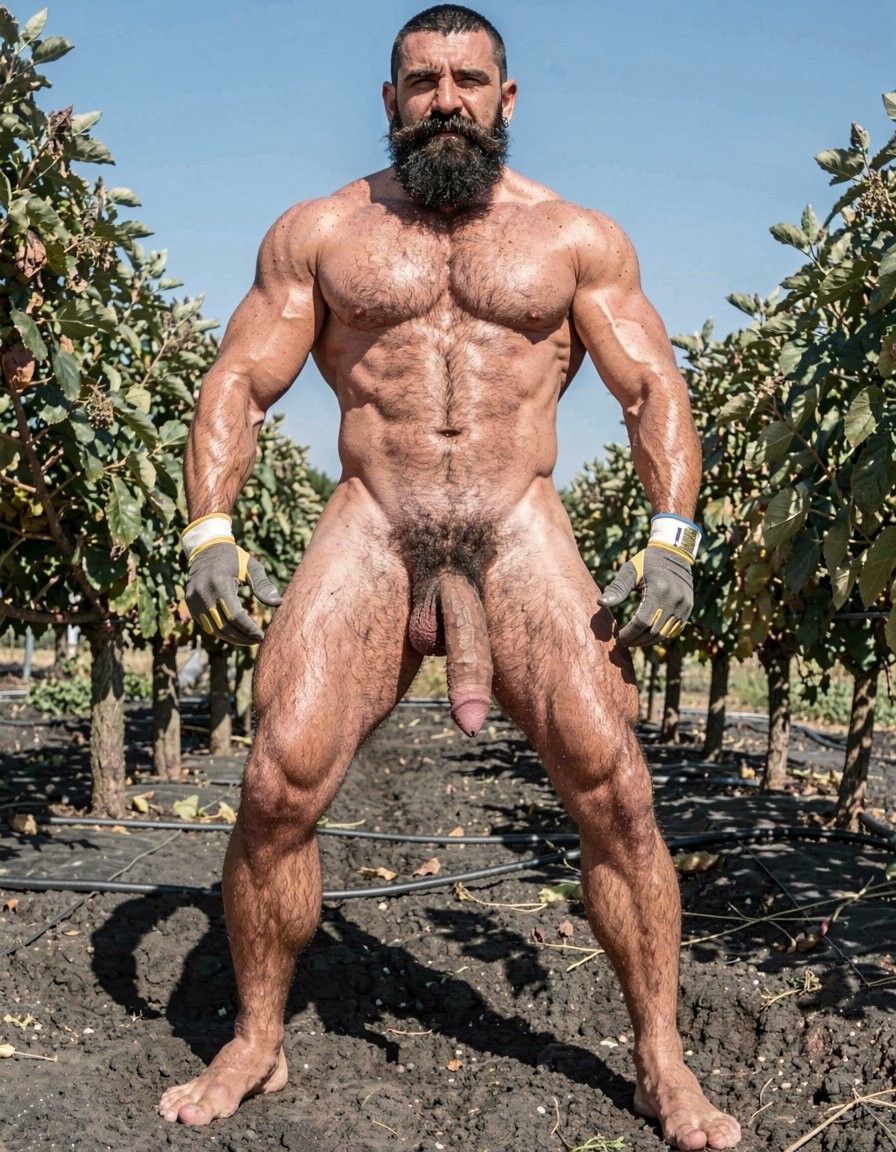 A hyper-realistic full-body vertical photograph taken in harsh midday Santorini sunlight over black volcanic soil between rows of Assyrtiko vines. Dimitris, 32, stands completely naked except for grey work gloves with yellow and white stripes, feet planted wide apart on the dark earth, toes gripping the soil. Shot from a low frontal angle so every inch from his big dirty feet to the top of his head is visible without cropping. His body is at 5% body fat, extremely muscular competition physique: huge veiny traps and shoulders, massive hairy pecs, eight-pack abs partially covered by dense black curly body hair that runs from his neck all the way down to his toes. Extremely thick black pubic bush, massive thick veiny Greek cock rock-hard and pointing upward almost touching his abs, swollen purple glans shiny with precum, a long clear drop hanging from the slit. Heavy low-hanging hairy balls. Thick black hair covers his powerful thighs, calves and feet. His face is pure predator: long thick connected black beard and mustache, short jet-black hair with shaved sides, dark intense eyes looking straight at the viewer, small silver earring in left ear. Skin deeply tanned and covered in sweat that makes the dense body hair glisten. Every muscle, every strand of wet black hair, every vein is razor sharp under the direct Mediterranean sun. Maximum photorealistic detail, vertical composition showing the entire body head to toe with no cropping.