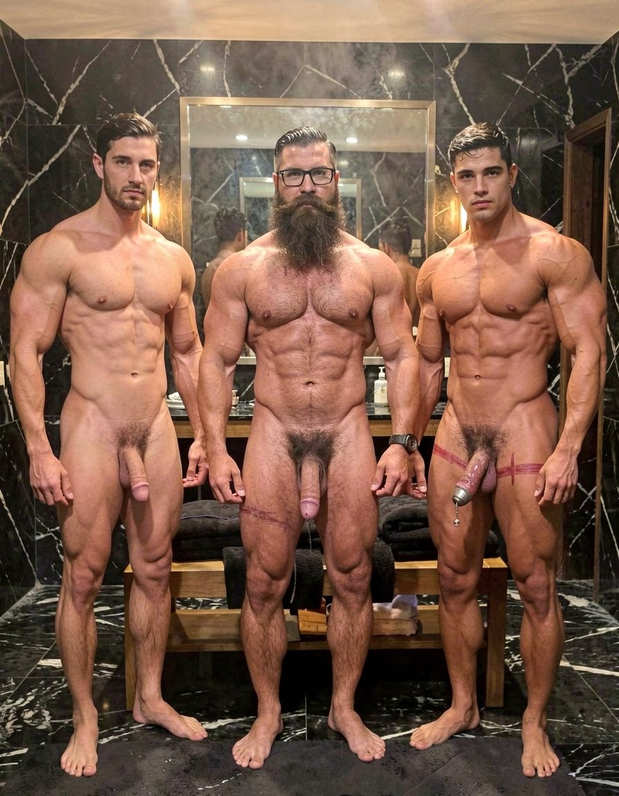 Hyperrealistic cinematic photograph inside a luxurious black marble bathroom with soft warm side lighting and subtle steam still lingering in the air after the shower. Dark wet marble floor, large black towels scattered on a wooden bench. The three men are completely naked and freshly dried, skin glowing clean and slightly flushed from the hot water.

Hipsterbarba stands in the center, dominant and imposing, 40 years old, 180cm, 80kg, 8% body fat, powerful muscle-bear physique. Dense dark body hair on his thick rounded pecs, shoulders, defined abs and heavy thighs is now dry and fluffy. Very long thick Bandholz beard and curled handlebar mustache perfectly groomed and dry, black glasses on, serious and superior expression as he looks forward. His thick cock hangs heavy and relaxed between his legs, foreskin partially retracted showing the pink glans, low heavy balls full and prominent.

To his right stands Anil, 25 years old, extreme bodybuilder slave, 175cm, 80kg, 6% body fat, completely smooth tanned skin from the neck down, massive 127cm pumped chest, perfect eight-pack, extremely wide V-taper back with visible fresh red whip marks across the lats and traps, round high 90cm glutes and 70cm competition quads. A thick shiny metal cock ring remains tightly clamped at the base of his thick swollen cock, making the shaft purple and veiny, a long clear string of precum still dripping from the tip. He stands with perfect military posture, head slightly bowed in submission, massive arms at his sides, looking obedient and ready.

To his left stands Víctor, 25 years old, same extreme bodybuilder proportions as Anil, completely smooth tanned skin, massive chest, tight waist, round glutes, also standing at attention with head lowered, his own cock half-hard and clean after the shower.

All three bodies are perfectly dry, muscles pumped and defined under the warm light, skin smooth and glowing, no water left. The atmosphere is raw, clean and charged with total power exchange. Perfect anatomy, extreme muscle detail, realistic skin texture, no distortions.