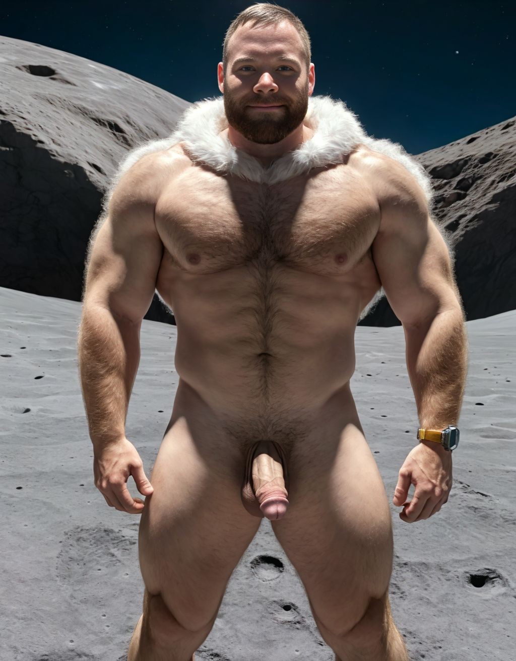 Neil Armstrong desnudo totalmente desnudo. La luz ilumina su cara y todo el cuerpo. Tiene el pecho con vello y brazos con vello. Está totalmente desnudo de pie y pisando el suelo Lunar. Está musculoso. Tiene pene grande erecto. Tiene testículos grandes. Tiene mucho vello y pelo. Foto muy realista texturas 8k. 
