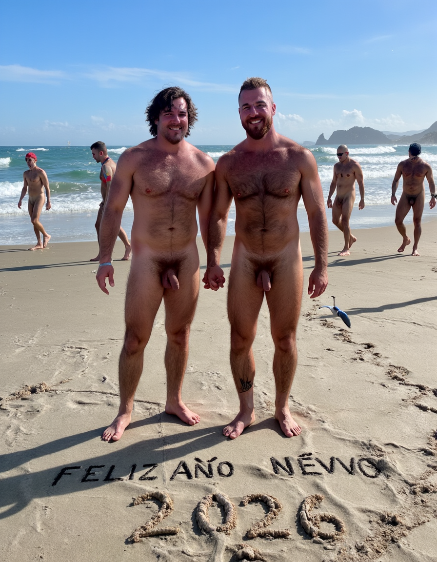 Día de Año Nuevo 2026. Dos hombres llamados Juan y Pedro, tienen los pies descalzos pero están totalmente desnudos. 

Juan es un hombre de 50 años de edad, muy atlético y tiene sus músculos muy definidos y es muy peludo, está totalmente desnudo, tiene un pene largo erecto de 36 cm de longitud y 9 cm de diámetro, tiene cabello negro largo ondulado y desordenado, tiene mucho vello pectoral, tiene piernas masculinas con abundante vello, tiene brazos peludos,  su cara tiene forma cuadrada tiene mentón prominente con hoyuelo muy pronunciado y muy masculino, su barba está bien afeitada y su cara está muy limpia resaltando sus facciones masculinas. 

Pedro es un hombre de 58 años de edad con músculos marcados sin grasa, está totalmente desnudo, tiene un pene largo de 39 cm de longitud y 9 cm de diámetro, tiene cabello pelirrojo rizado abundante y largo de color rojo, tiene abundante vello pelirrojo pectoral de color rojo oscuro en abundancia, tiene piernas masculinas con mucho vello, tiene brazos peludos y muy masculinos. Pedro tiene presencia atlética y es muy peludo, mucho pelo por todo su cuerpo. 

Pedro está con el esfínter del culo abierto. Juan mete su pene por el esfínter del culo de Pedro ((Imagen de alta definición, imagen calidad 4K, UHD)). Dentro del culo de Pedro está a medio meter el pene de Juan. ((Juan tiene su pene dentro del culo de Pedro)). Sexo anal duro y apasionado. Pedro está con el esfínter del culo abierto. Juan mete su pene por el esfínter del culo de Pedro ((Imagen de alta definición, imagen calidad 4K, UHD)). Dentro del culo de Pedro está a medio meter el pene de Juan. Juan tiene su pene dentro del culo de Pedro. Sexo anal duro y apasionado. ((Penetración)) penes erectos. 

Pedro y Juan enseñan sus músculos muy marcados y bien definidos, están de pie sobre la arena de la playa con olas azules y con el Sol reflejándose sobre el agua del mar mientras vuelan dos gaviotas. En la arena de la playa está trazado el texto: 